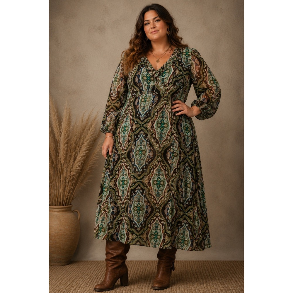 MNG Midi Dress XXL Black Multi Chiffon Paisley Ruffle V-Neck Balloon Sleeve Boho
